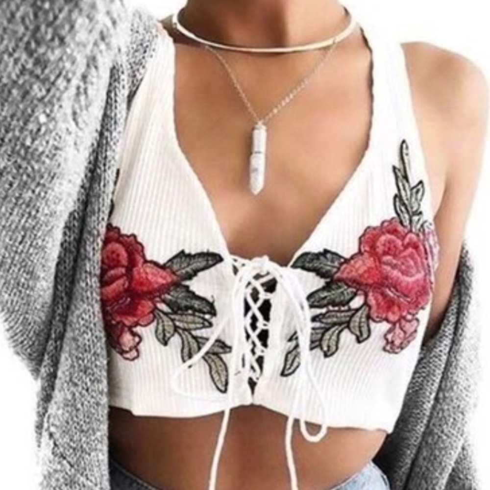 Rose Knit Lace up Crop Top